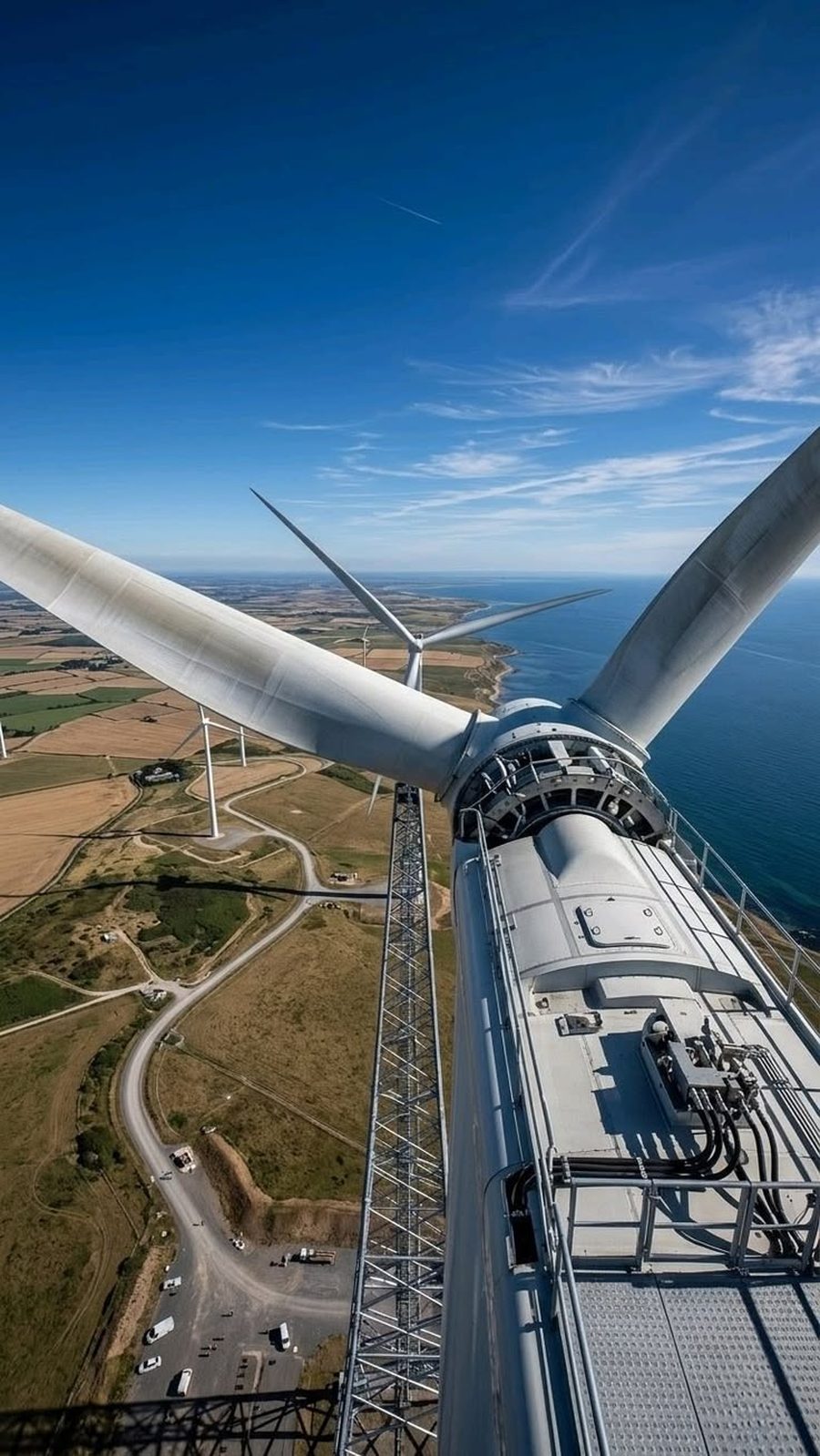 View from the nacelle of a coastal wind turbine looking along the blades